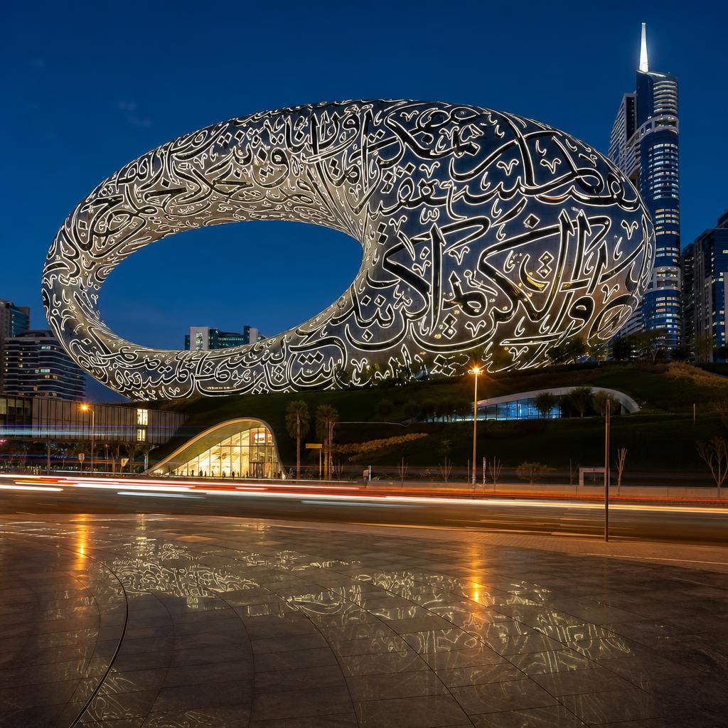 The Museum of the Future glowing at blue hour