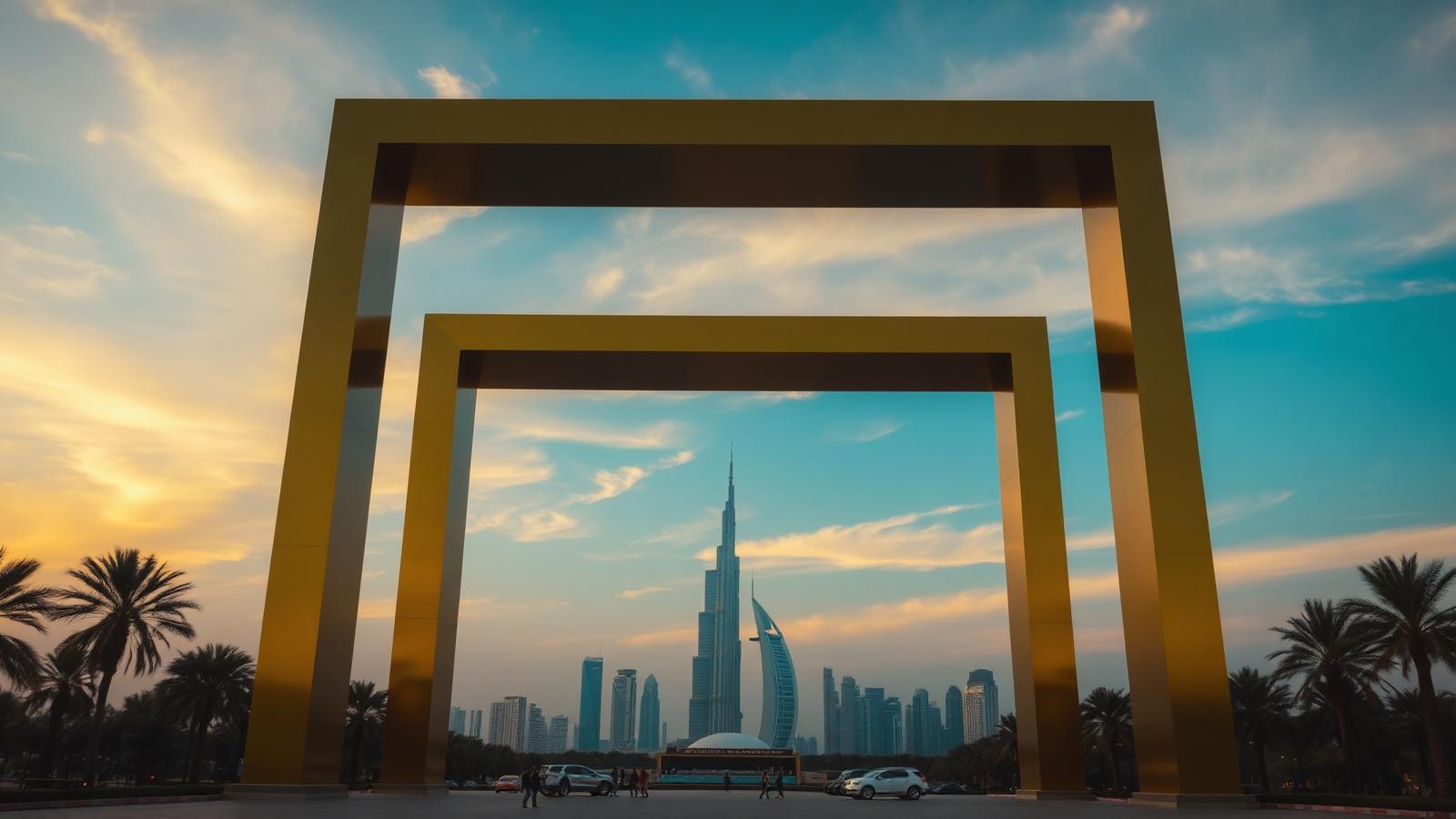 Golden Dubai Frame with the skyline framed inside