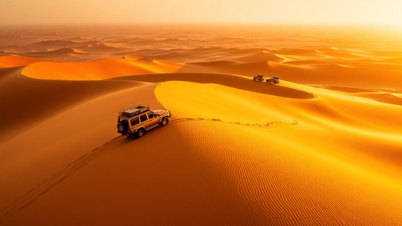 4x4s dune bashing across the golden Dubai desert