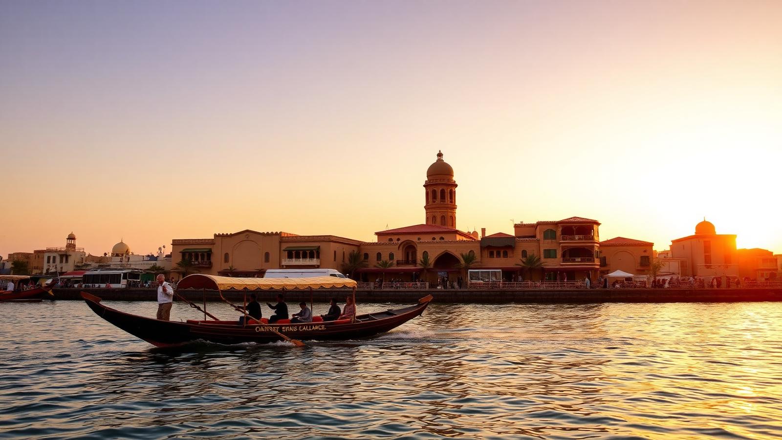 Traditional abra boat crossing Dubai Creek at sunset