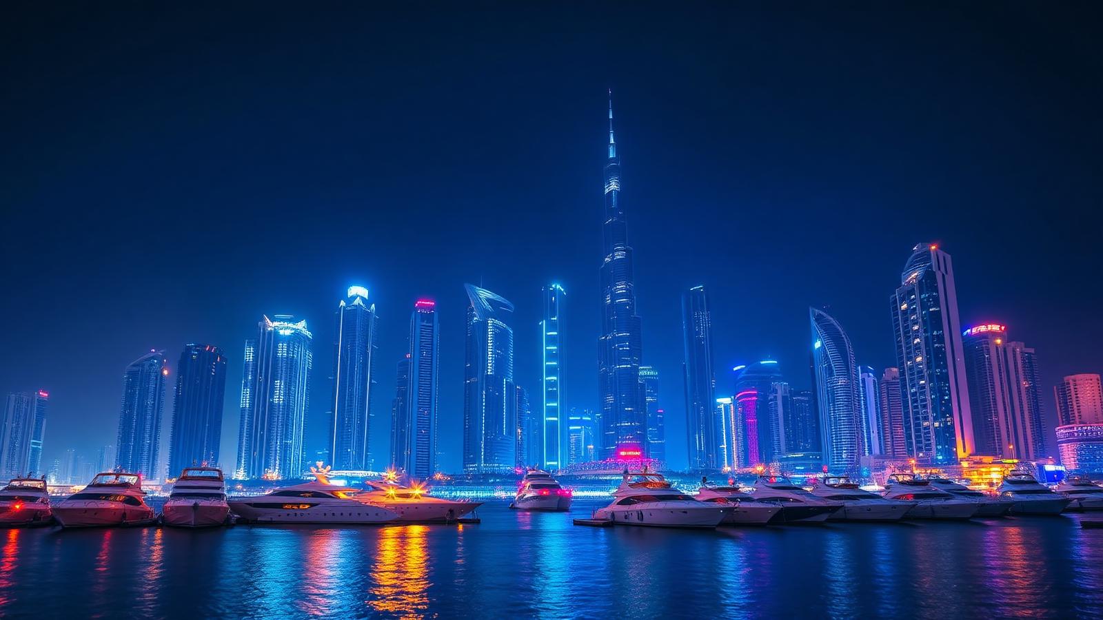 Dubai Marina skyline lit up at night with yachts moored
