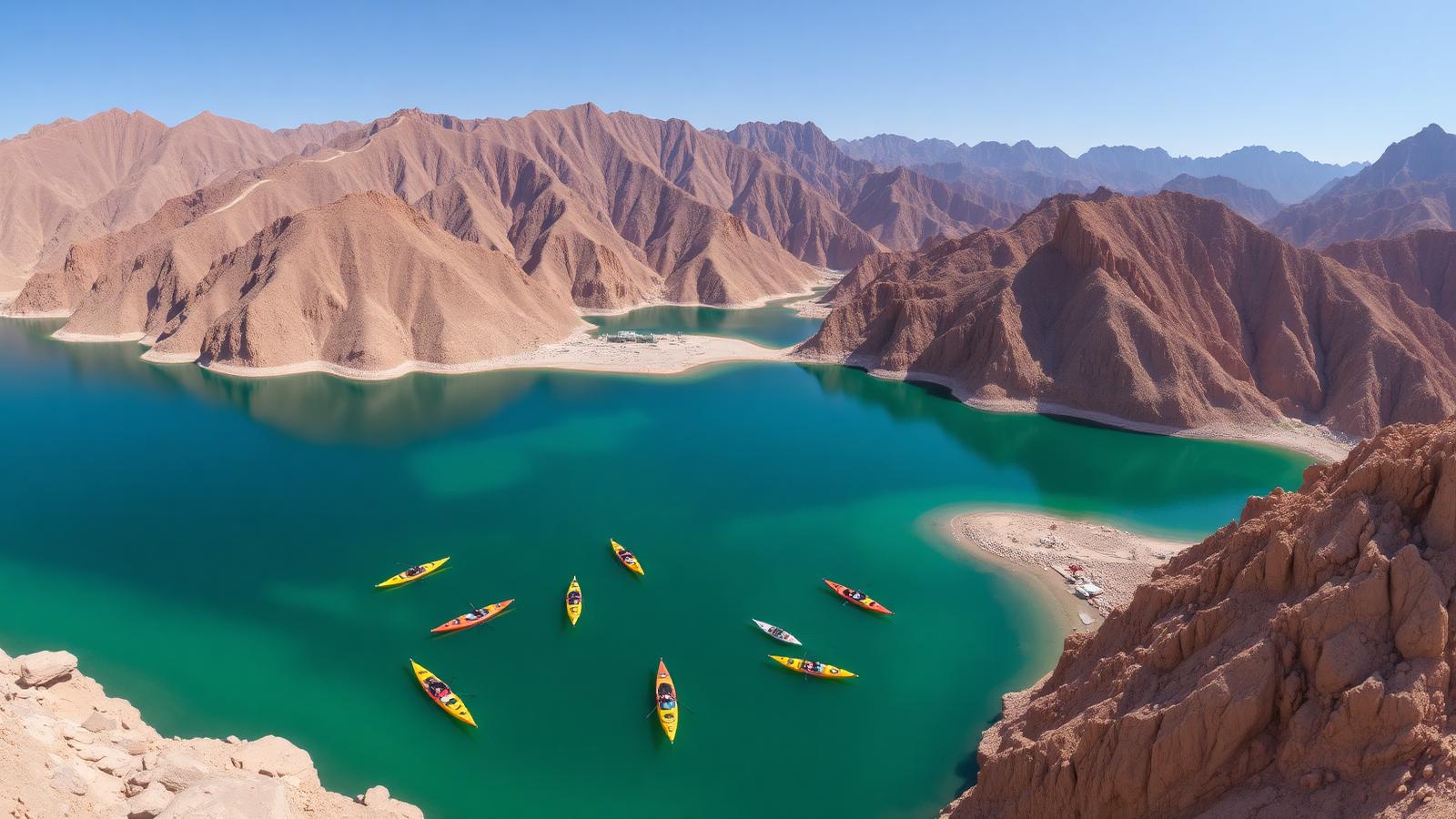 Turquoise Hatta dam lake with kayaks and Hajar Mountains