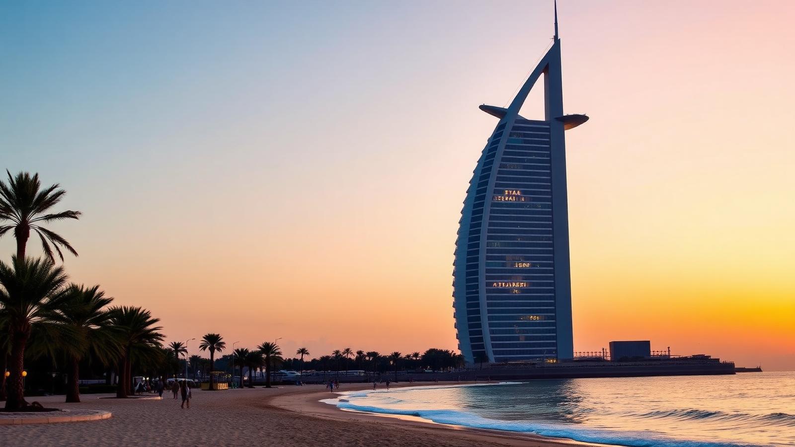 Burj Al Arab sail-shaped hotel at sunset from Jumeirah Beach