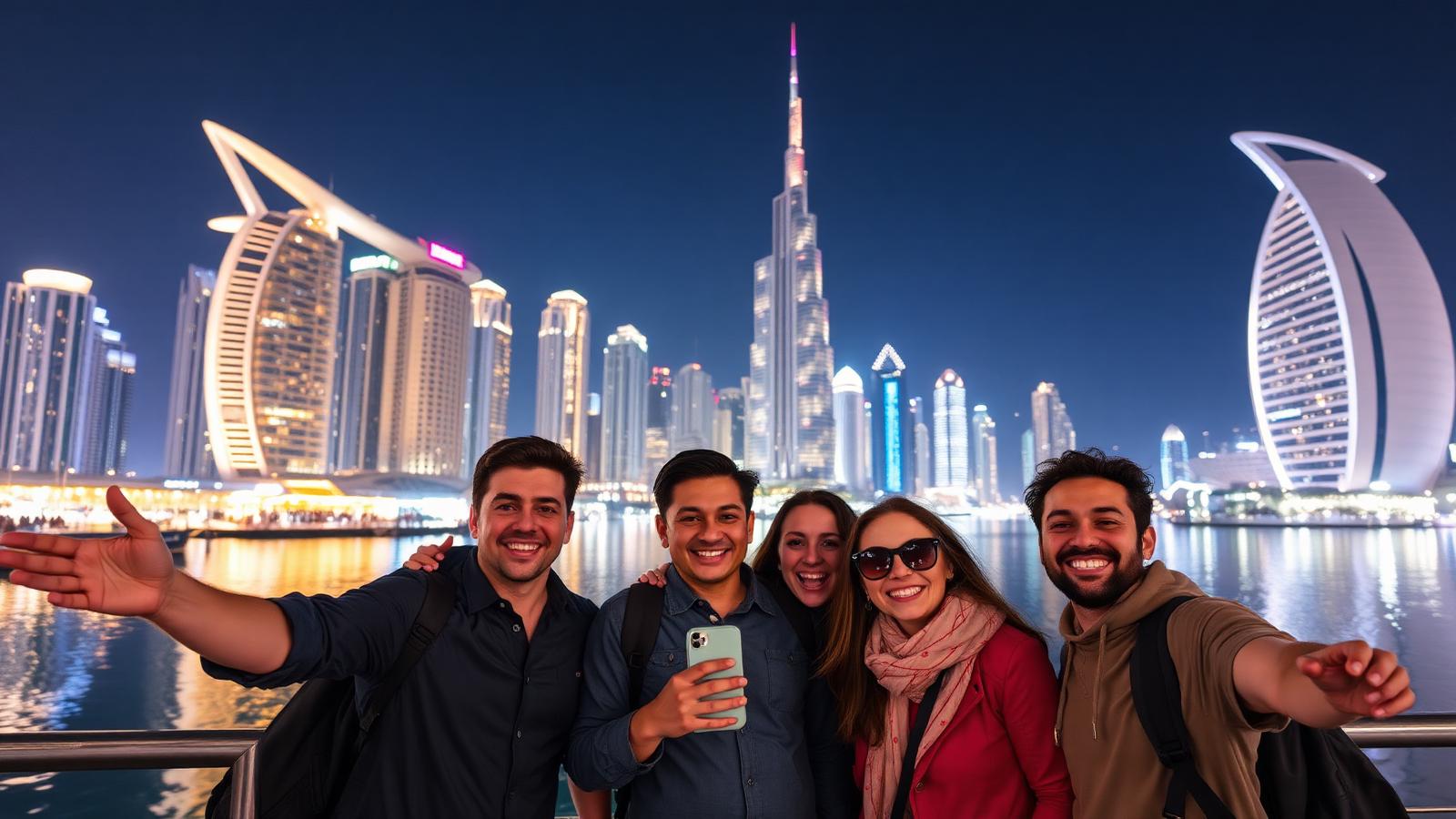 Group of tourist friends enjoying Dubai skyline at night