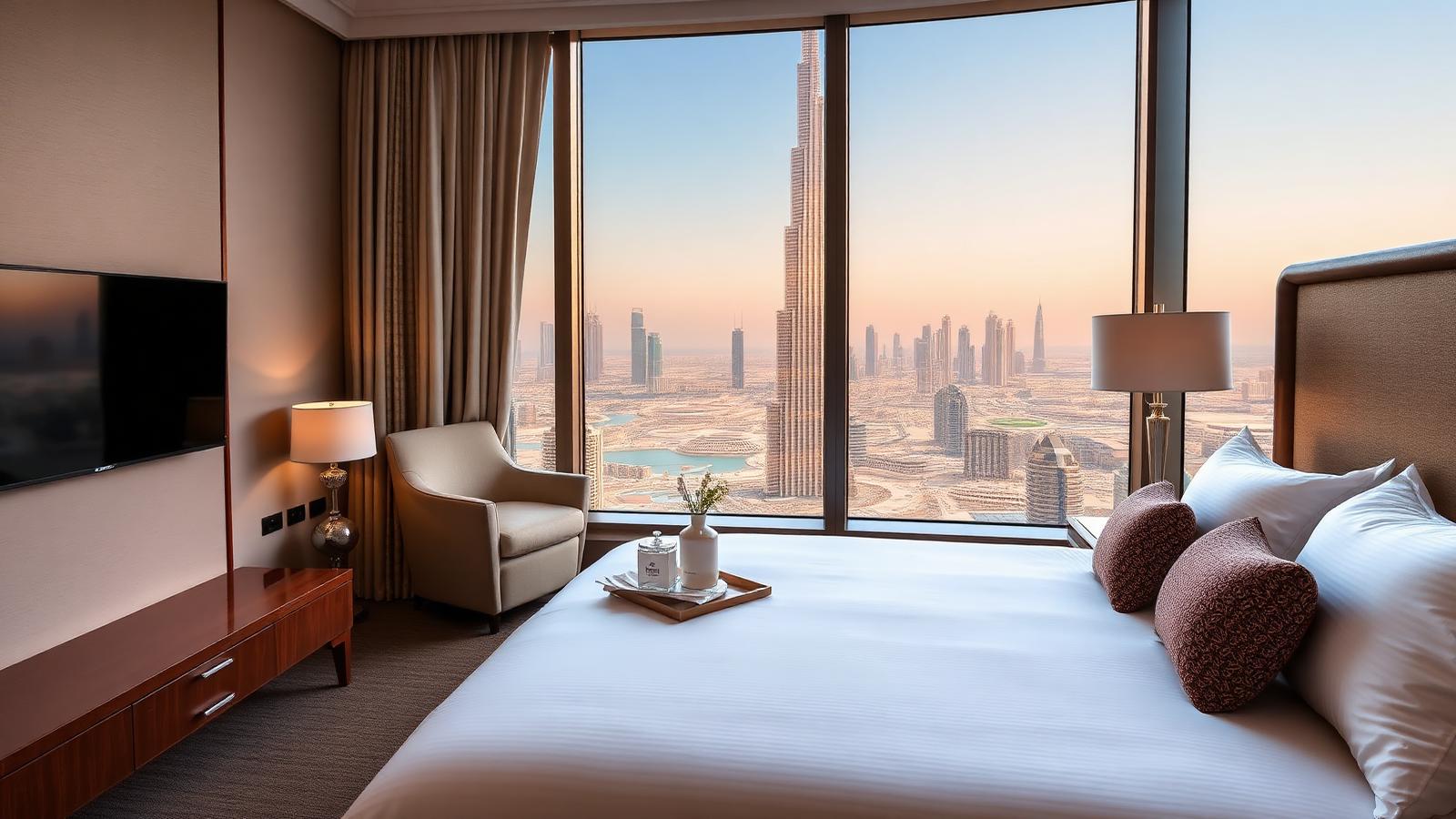 Luxury 5-star Dubai hotel room with Burj Khalifa view